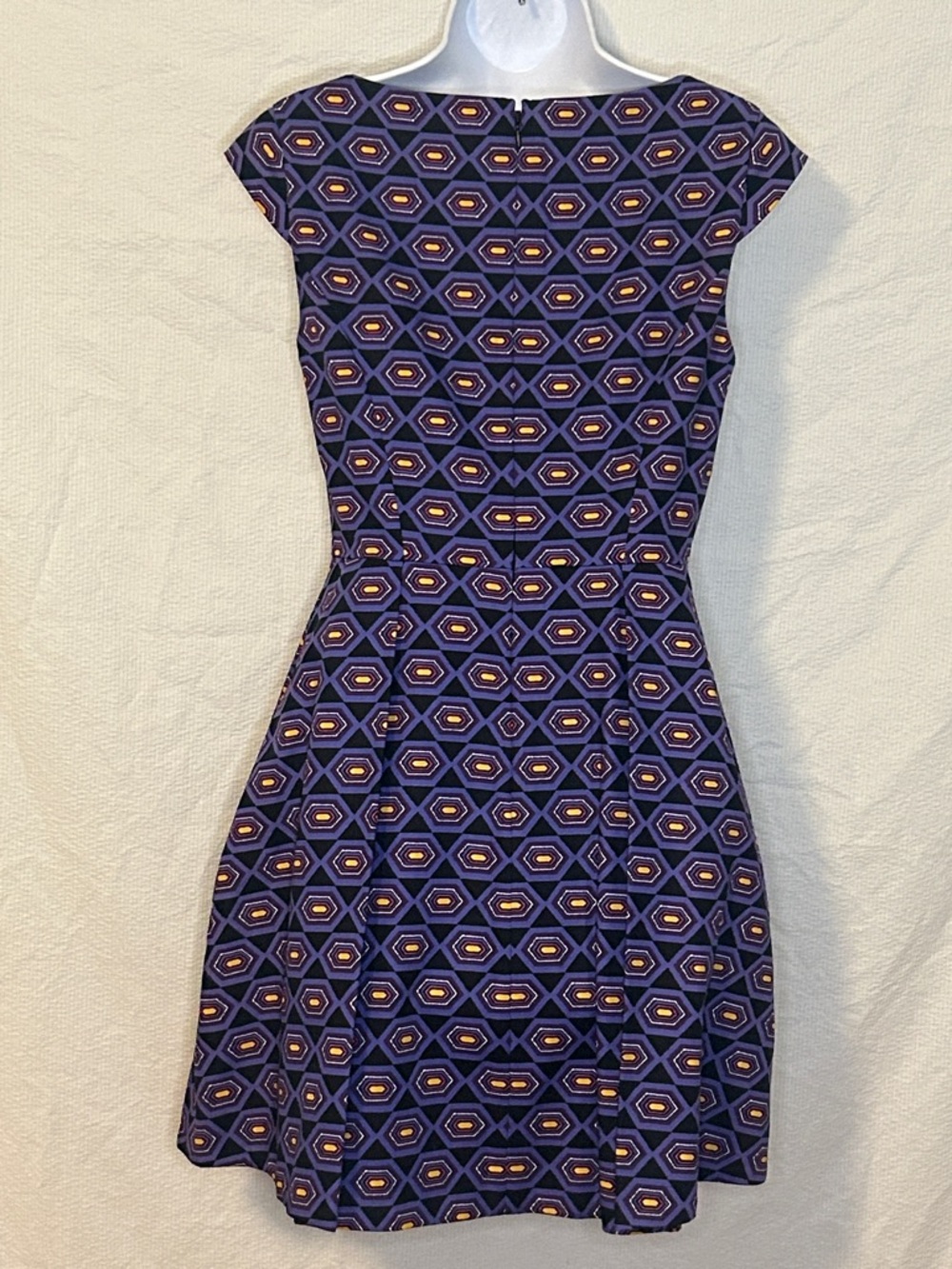 Kate Spade Saturday Mini Dress, Black w/ purple/yellow geometric pattern, Size 4 - Picture 2 of 4